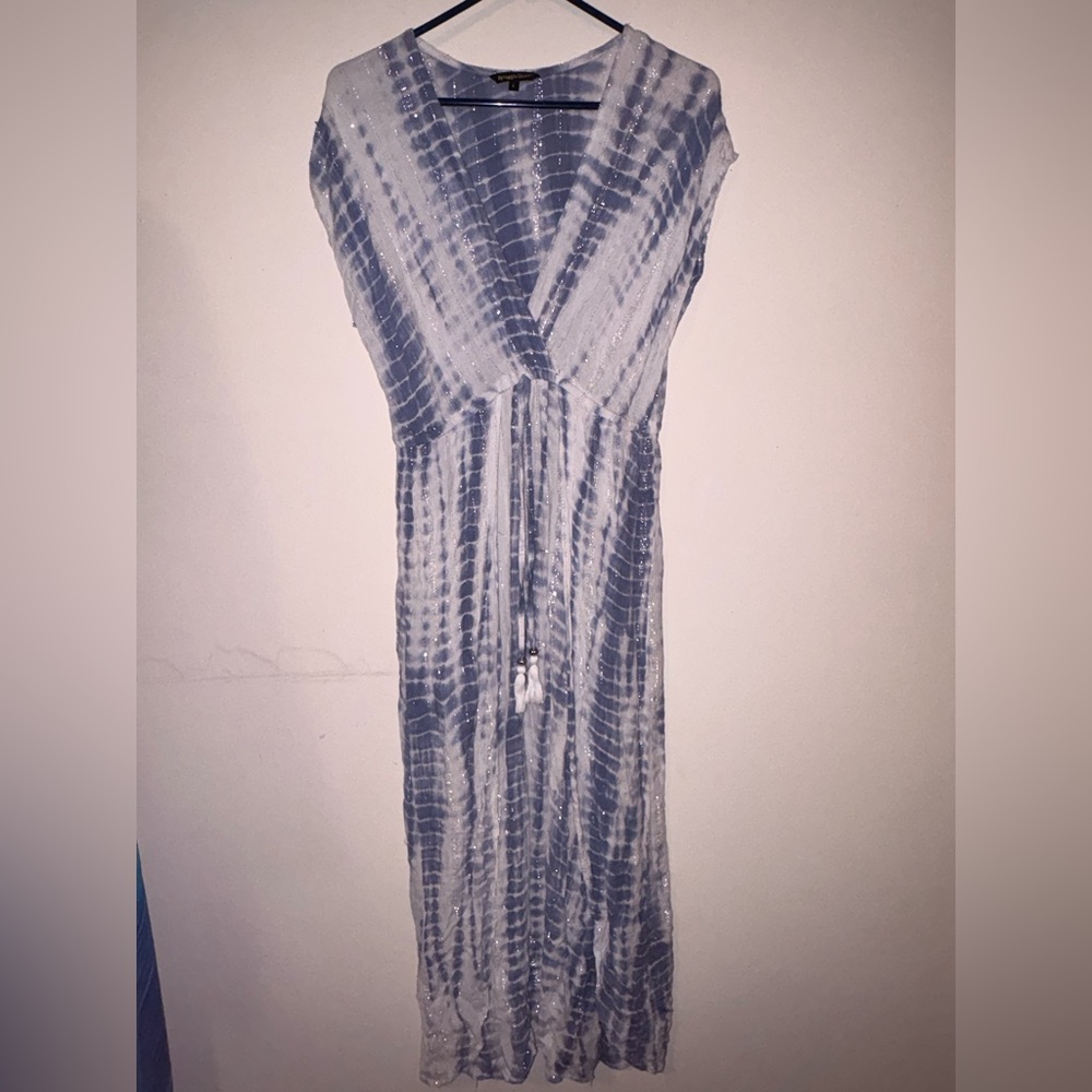 Spiaggia Dolce Blue Tie-Dye Beach Cover/ Maxi Dress with shiny tinsel